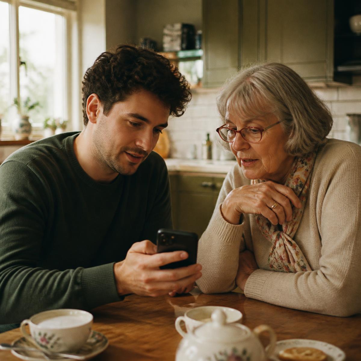 Junger buddi erklärt einer älteren Frau das Smartphone