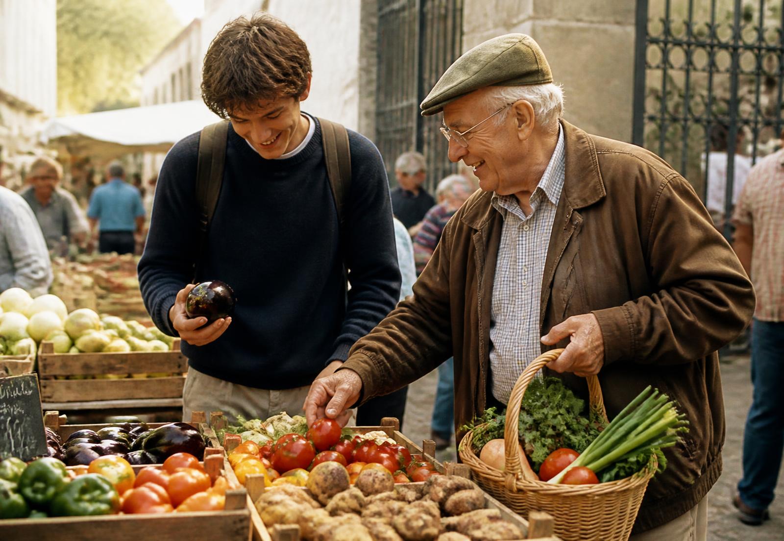 Älterer Mann und junger buddi kaufen auf dem Wochenmarkt ein