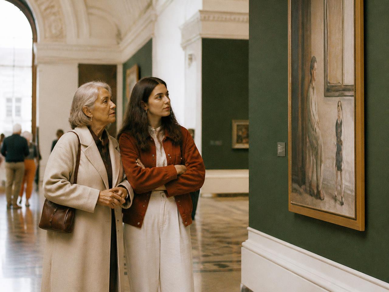 Ältere und jüngere Menschen betrachten gemeinsam Kunst im Museum